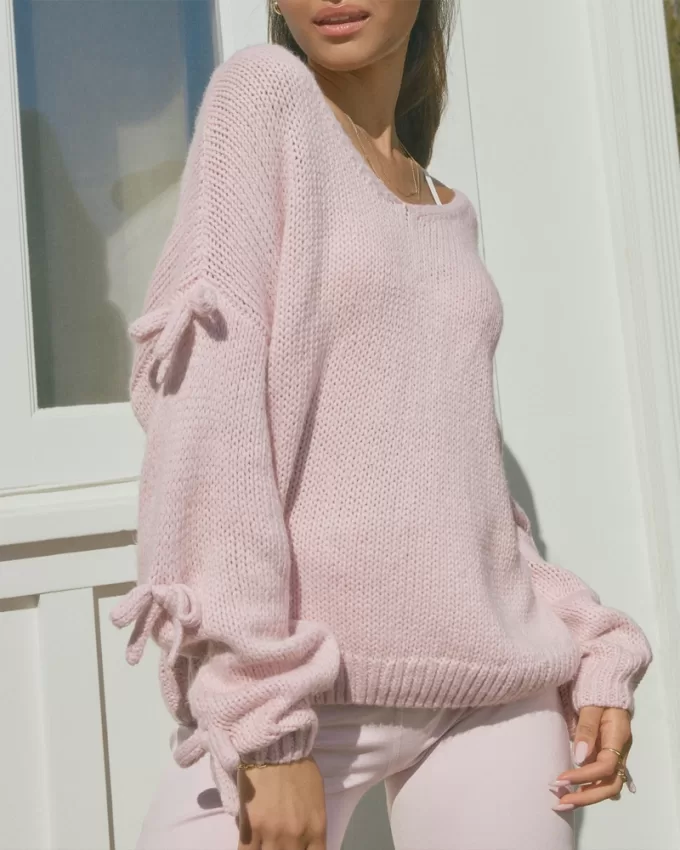 Off-the-Shoulder Bow Applique Sweater,Off-the-Shoulder Bow Applique Sweater