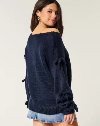 Off-the-Shoulder Bow Applique Sweater,Off-the-Shoulder Bow Applique Sweater