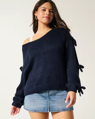 Off-the-Shoulder Bow Applique Sweater,Off-the-Shoulder Bow Applique Sweater