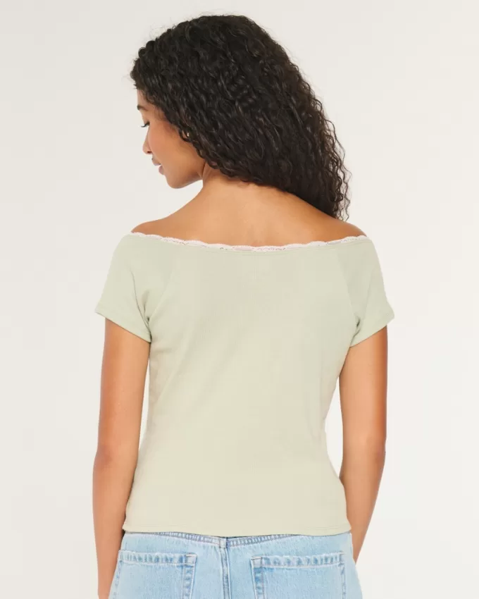 Off-the-Shoulder Lace Trim Top,Off-the-Shoulder Lace Trim Top