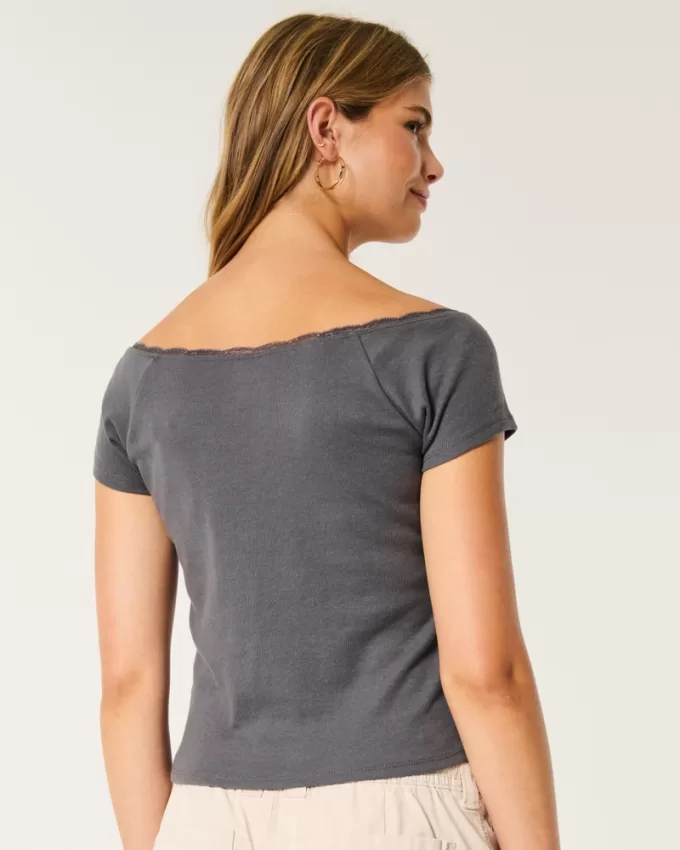 Off-the-Shoulder Lace Trim Top,Off-the-Shoulder Lace Trim Top