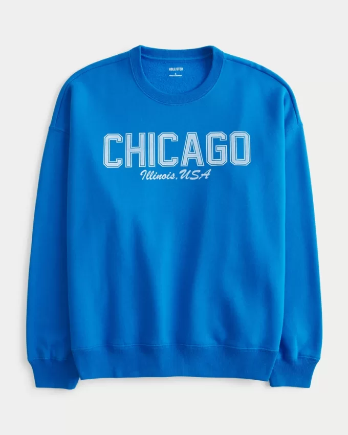Oversized Chicago Graphic Crew Sweatshirt,Oversized Chicago Graphic Crew Sweatshirt