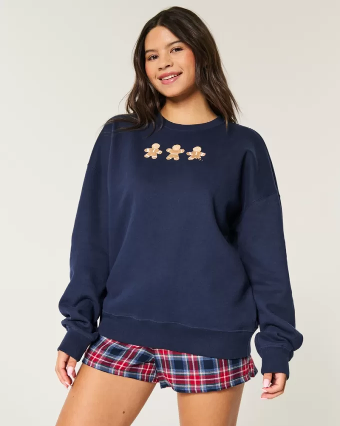 Oversized Gingerbread Cookies Graphic Crew Sweatshirt,Oversized Gingerbread Cookies Graphic Crew Sweatshirt