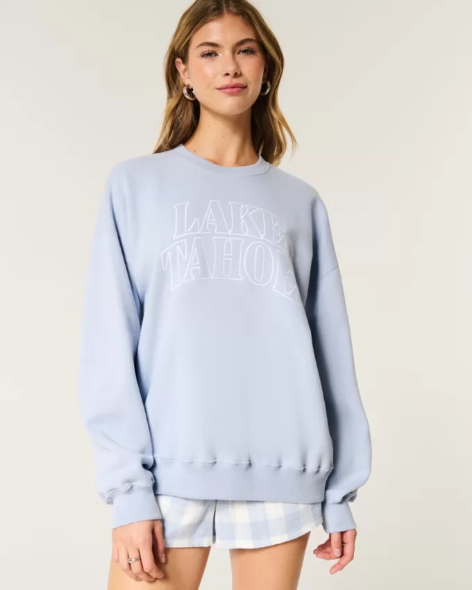 Oversized Lake Tahoe Graphic Crew Sweatshirt,Oversized Lake Tahoe Graphic Crew Sweatshirt
