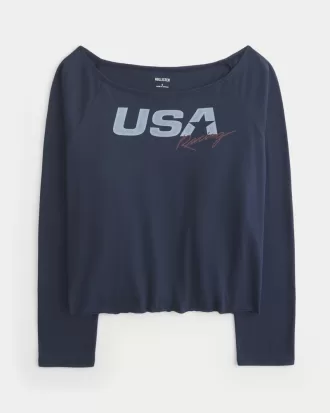 Oversized Long-Sleeve USA Racing Graphic Tee,Oversized Long-Sleeve USA Racing Graphic Tee