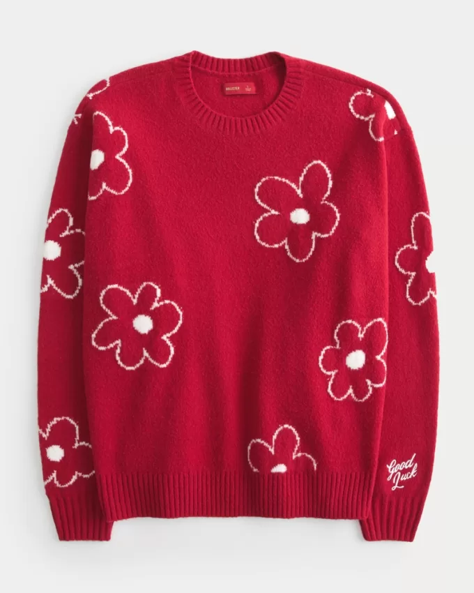 Oversized Lunar New Year Graphic Crew Sweater,Oversized Lunar New Year Graphic Crew Sweater