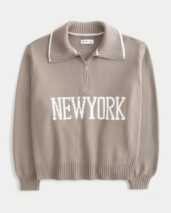 Oversized New York Graphic Half-Zip Sweater,Oversized New York Graphic Half-Zip Sweater
