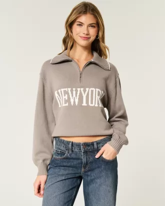 Oversized New York Graphic Half-Zip Sweater,Oversized New York Graphic Half-Zip Sweater