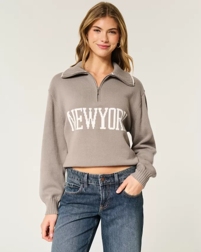 Oversized New York Graphic Half-Zip Sweater,Oversized New York Graphic Half-Zip Sweater
