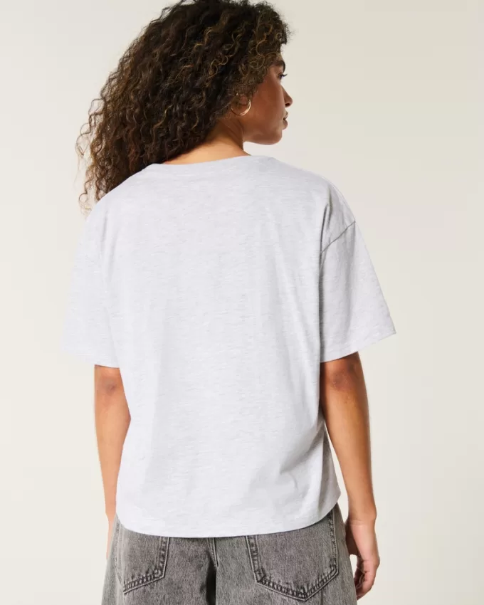 Oversized Notch-Neck Chicago Graphic Tee,Oversized Notch-Neck Chicago Graphic Tee