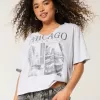 Oversized Notch-Neck Chicago Graphic Tee,Oversized Notch-Neck Chicago Graphic Tee