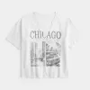Oversized Notch-Neck Chicago Graphic Tee,Oversized Notch-Neck Chicago Graphic Tee