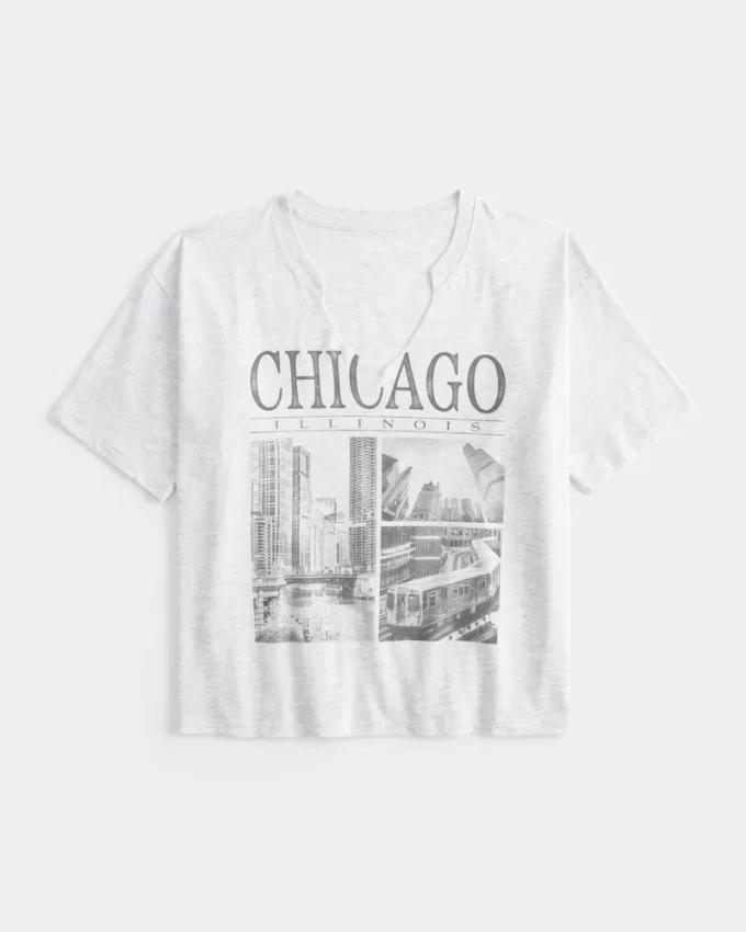 Oversized Notch-Neck Chicago Graphic Tee,Oversized Notch-Neck Chicago Graphic Tee
