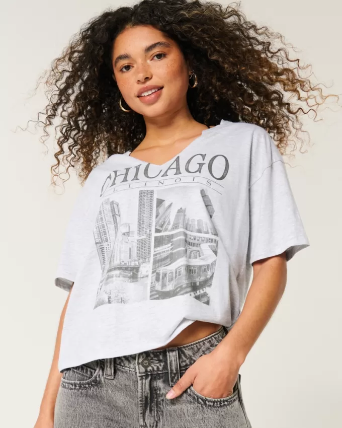 Oversized Notch-Neck Chicago Graphic Tee,Oversized Notch-Neck Chicago Graphic Tee