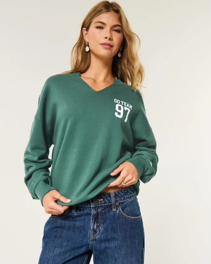 Oversized Notch-Neck Go Team Graphic Sweatshirt,Oversized Notch-Neck Go Team Graphic Sweatshirt