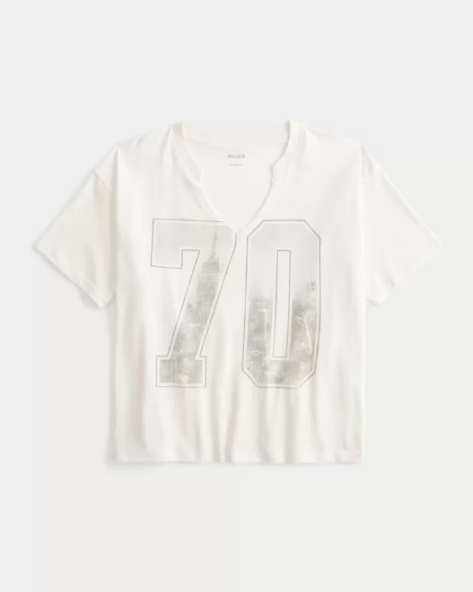 Oversized Notch-Neck NYC Number Graphic Tee,Oversized Notch-Neck NYC Number Graphic Tee