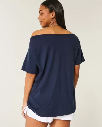 Oversized Off-the-Shoulder Boston Graphic Tee,Oversized Off-the-Shoulder Boston Graphic Tee