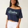 Oversized Off-the-Shoulder Boston Graphic Tee,Oversized Off-the-Shoulder Boston Graphic Tee