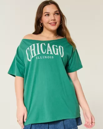 Oversized Off-the-Shoulder Chicago Graphic Tee,Oversized Off-the-Shoulder Chicago Graphic Tee