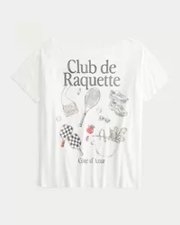 Oversized Off-the-Shoulder Club de Raquette Graphic Tee,Oversized Off-the-Shoulder Club de Raquette Graphic Tee