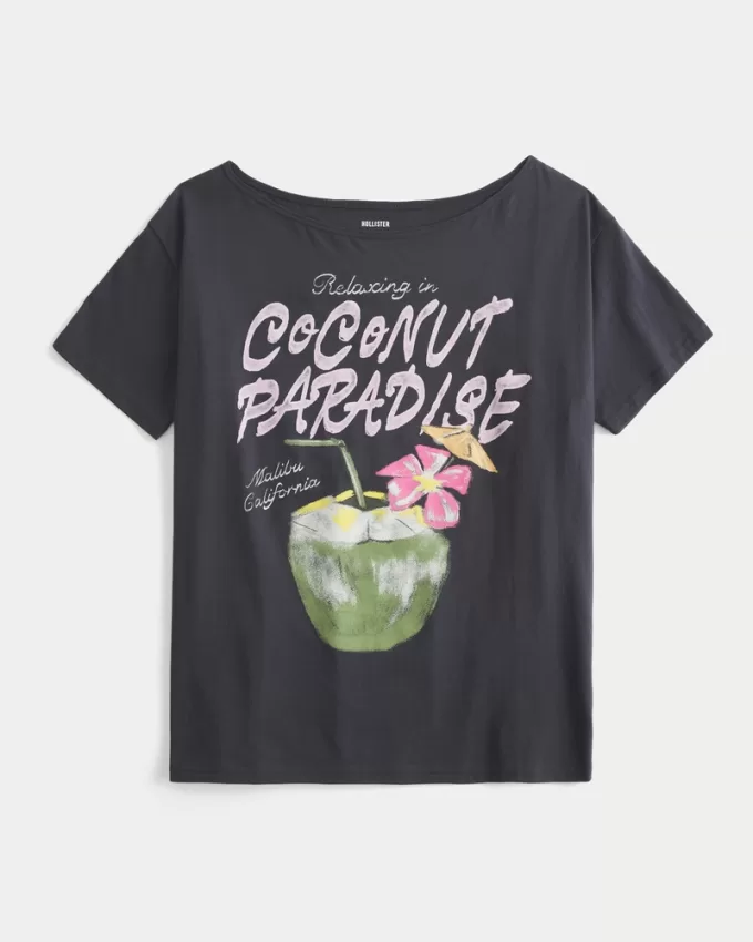Oversized Off-the-Shoulder Coconut Paradise Graphic Tee,Oversized Off-the-Shoulder Coconut Paradise Graphic Tee