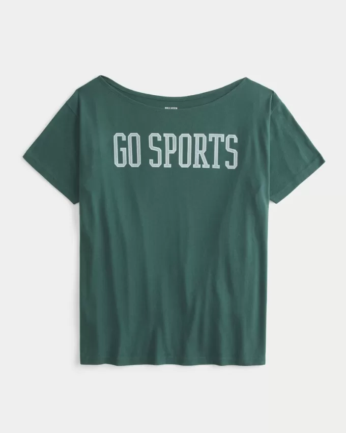 Oversized Off-the-Shoulder Go Sports Graphic Tee,Oversized Off-the-Shoulder Go Sports Graphic Tee