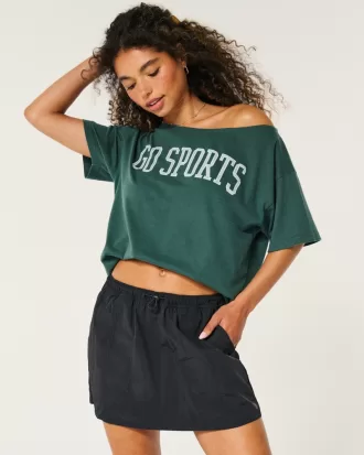 Oversized Off-the-Shoulder Go Sports Graphic Tee,Oversized Off-the-Shoulder Go Sports Graphic Tee