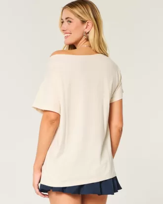 Oversized Off-the-Shoulder Good Luck Graphic Tee,Oversized Off-the-Shoulder Good Luck Graphic Tee