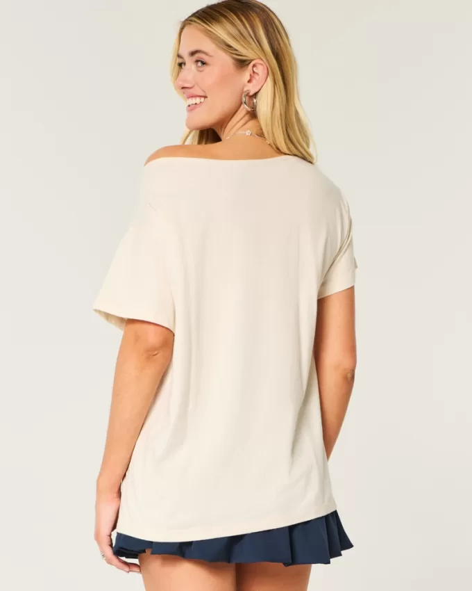 Oversized Off-the-Shoulder Good Luck Graphic Tee,Oversized Off-the-Shoulder Good Luck Graphic Tee