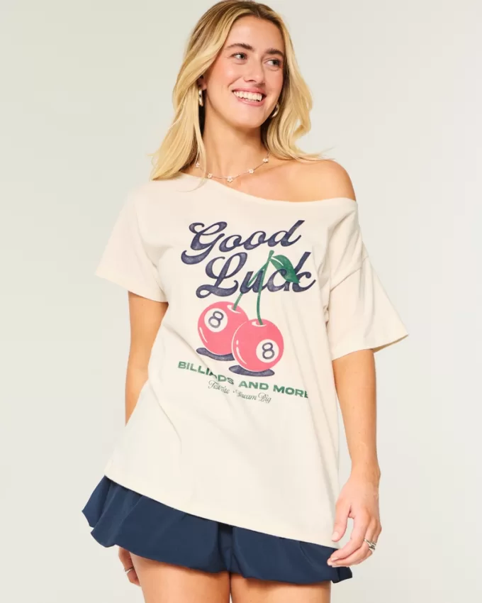 Oversized Off-the-Shoulder Good Luck Graphic Tee,Oversized Off-the-Shoulder Good Luck Graphic Tee