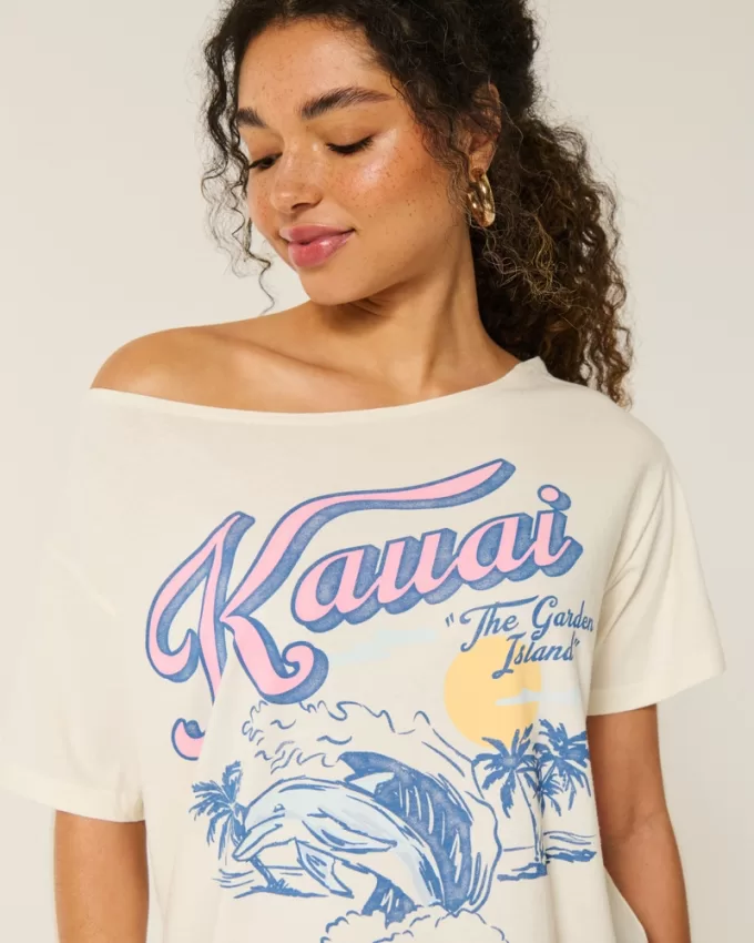 Oversized Off-the-Shoulder Kauai Graphic Tee,Oversized Off-the-Shoulder Kauai Graphic Tee