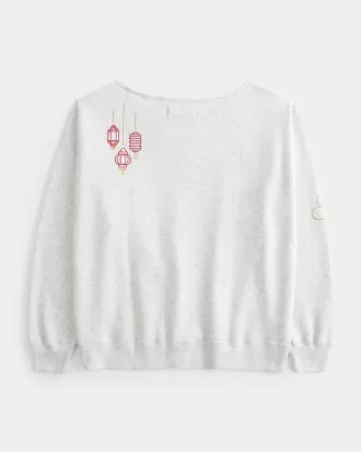 Oversized Off-the-Shoulder Lunar New Year Graphic Sweatshirt,Oversized Off-the-Shoulder Lunar New Year Graphic Sweatshirt
