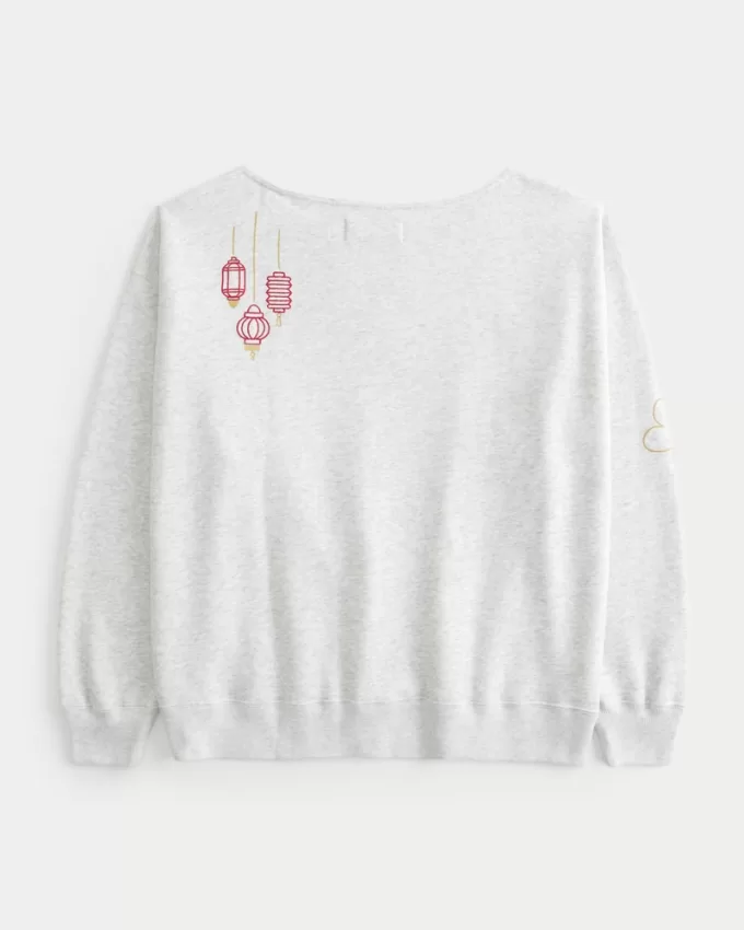 Oversized Off-the-Shoulder Lunar New Year Graphic Sweatshirt,Oversized Off-the-Shoulder Lunar New Year Graphic Sweatshirt