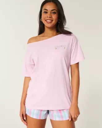 Oversized Off-the-Shoulder Miami Beach Graphic Tee,Oversized Off-the-Shoulder Miami Beach Graphic Tee