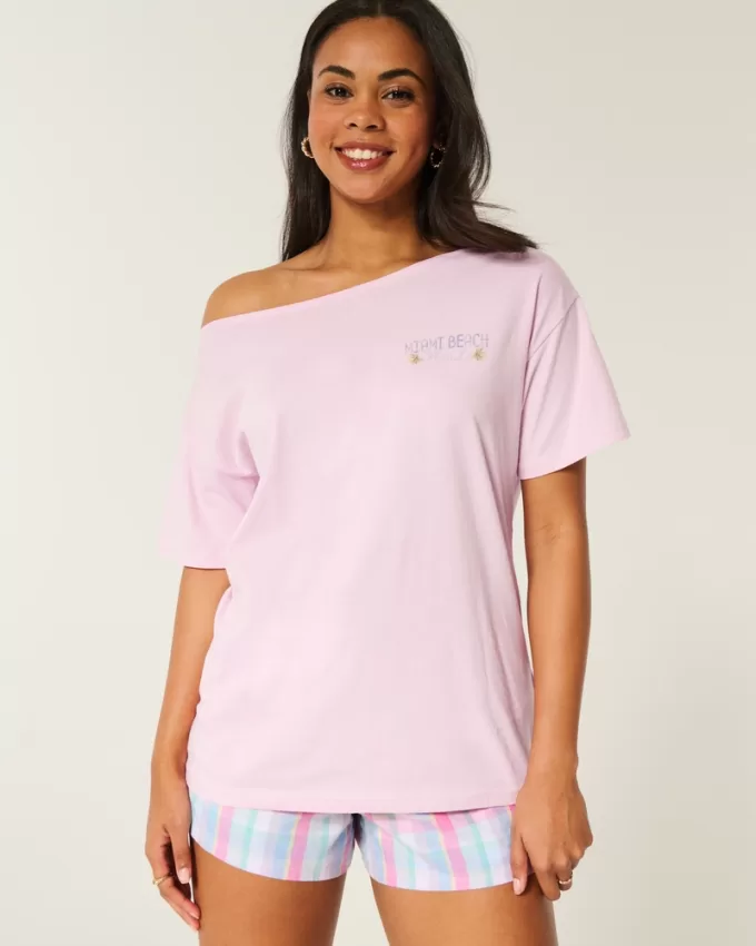 Oversized Off-the-Shoulder Miami Beach Graphic Tee,Oversized Off-the-Shoulder Miami Beach Graphic Tee