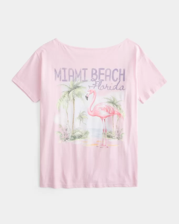 Oversized Off-the-Shoulder Miami Beach Graphic Tee,Oversized Off-the-Shoulder Miami Beach Graphic Tee