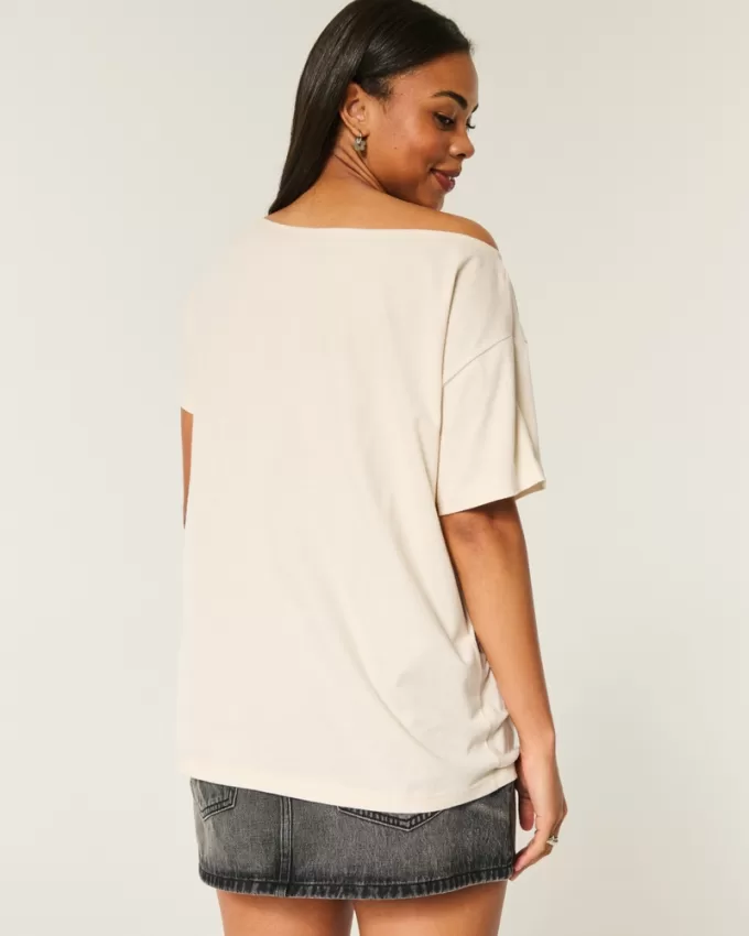 Oversized Off-the-Shoulder Miami Racing Graphic Tee,Oversized Off-the-Shoulder Miami Racing Graphic Tee