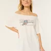 Oversized Off-the-Shoulder Motorcycle Racing Graphic Tee,Oversized Off-the-Shoulder Motorcycle Racing Graphic Tee