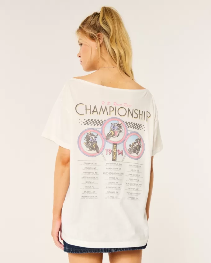 Oversized Off-the-Shoulder Motorcycle Racing Graphic Tee,Oversized Off-the-Shoulder Motorcycle Racing Graphic Tee