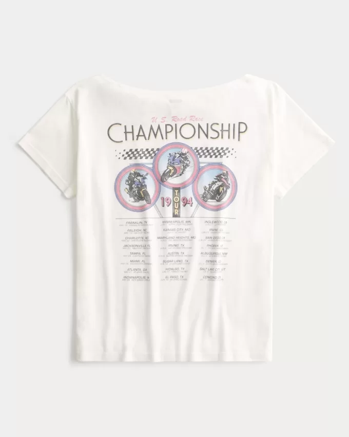 Oversized Off-the-Shoulder Motorcycle Racing Graphic Tee,Oversized Off-the-Shoulder Motorcycle Racing Graphic Tee