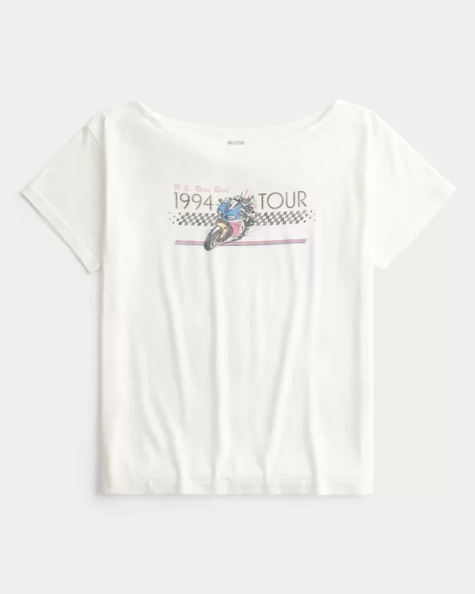 Oversized Off-the-Shoulder Motorcycle Racing Graphic Tee,Oversized Off-the-Shoulder Motorcycle Racing Graphic Tee
