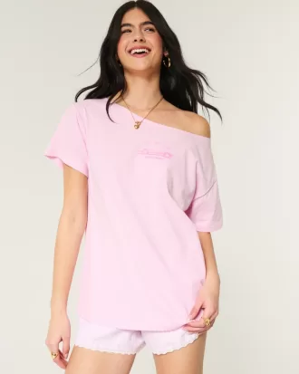 Oversized Off-the-Shoulder New York Raceway Graphic Tee,Oversized Off-the-Shoulder New York Raceway Graphic Tee