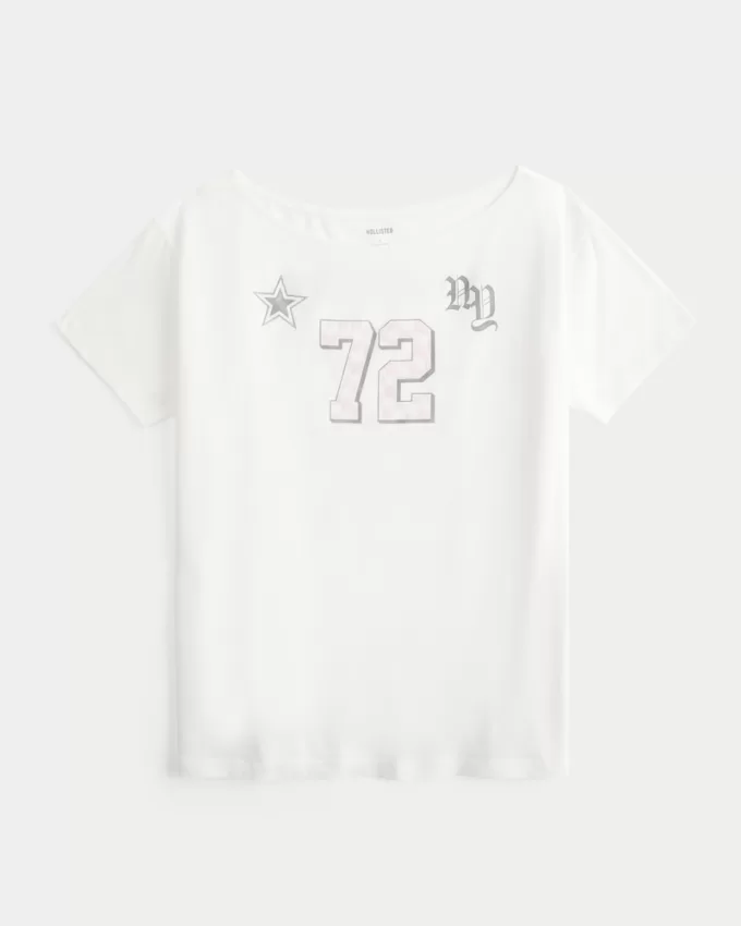 Oversized Off-the-Shoulder Number Graphic Tee,Oversized Off-the-Shoulder Number Graphic Tee