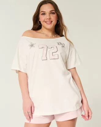 Oversized Off-the-Shoulder Number Graphic Tee,Oversized Off-the-Shoulder Number Graphic Tee