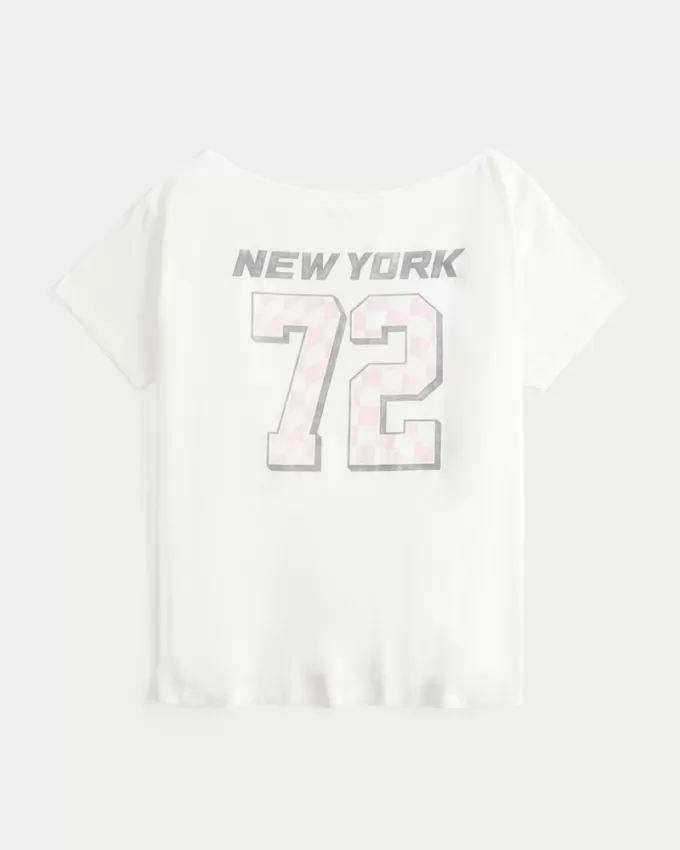 Oversized Off-the-Shoulder Number Graphic Tee,Oversized Off-the-Shoulder Number Graphic Tee