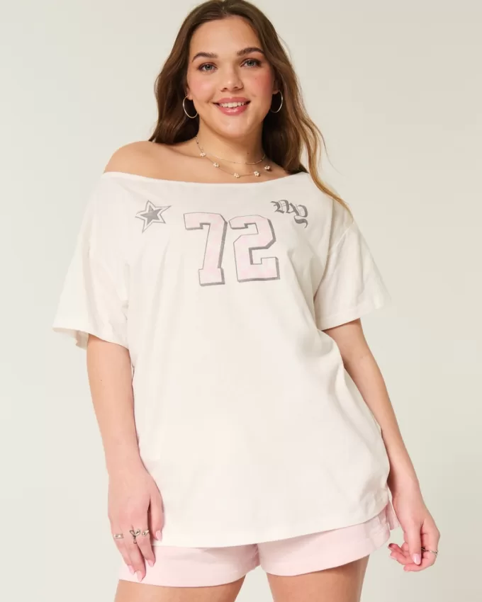 Oversized Off-the-Shoulder Number Graphic Tee,Oversized Off-the-Shoulder Number Graphic Tee