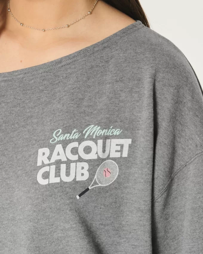 Oversized Off-the-Shoulder Racquet Club Graphic Sweatshirt,Oversized Off-the-Shoulder Racquet Club Graphic Sweatshirt