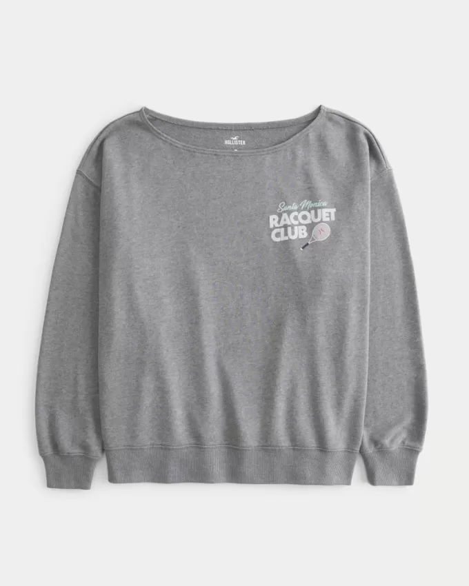 Oversized Off-the-Shoulder Racquet Club Graphic Sweatshirt,Oversized Off-the-Shoulder Racquet Club Graphic Sweatshirt