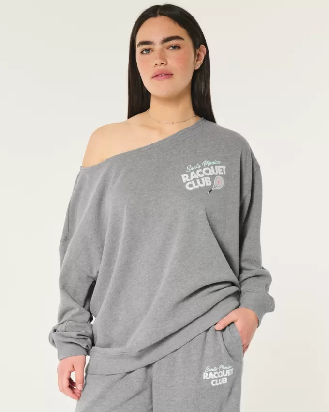 Oversized Off-the-Shoulder Racquet Club Graphic Sweatshirt,Oversized Off-the-Shoulder Racquet Club Graphic Sweatshirt