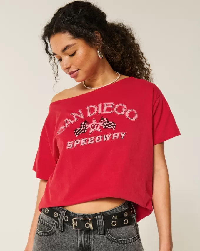 Oversized Off-the-Shoulder San Diego Speedway Graphic Tee,Oversized Off-the-Shoulder San Diego Speedway Graphic Tee